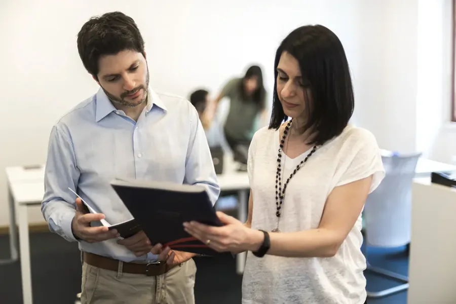 Two consultants reviewing a folder in the office